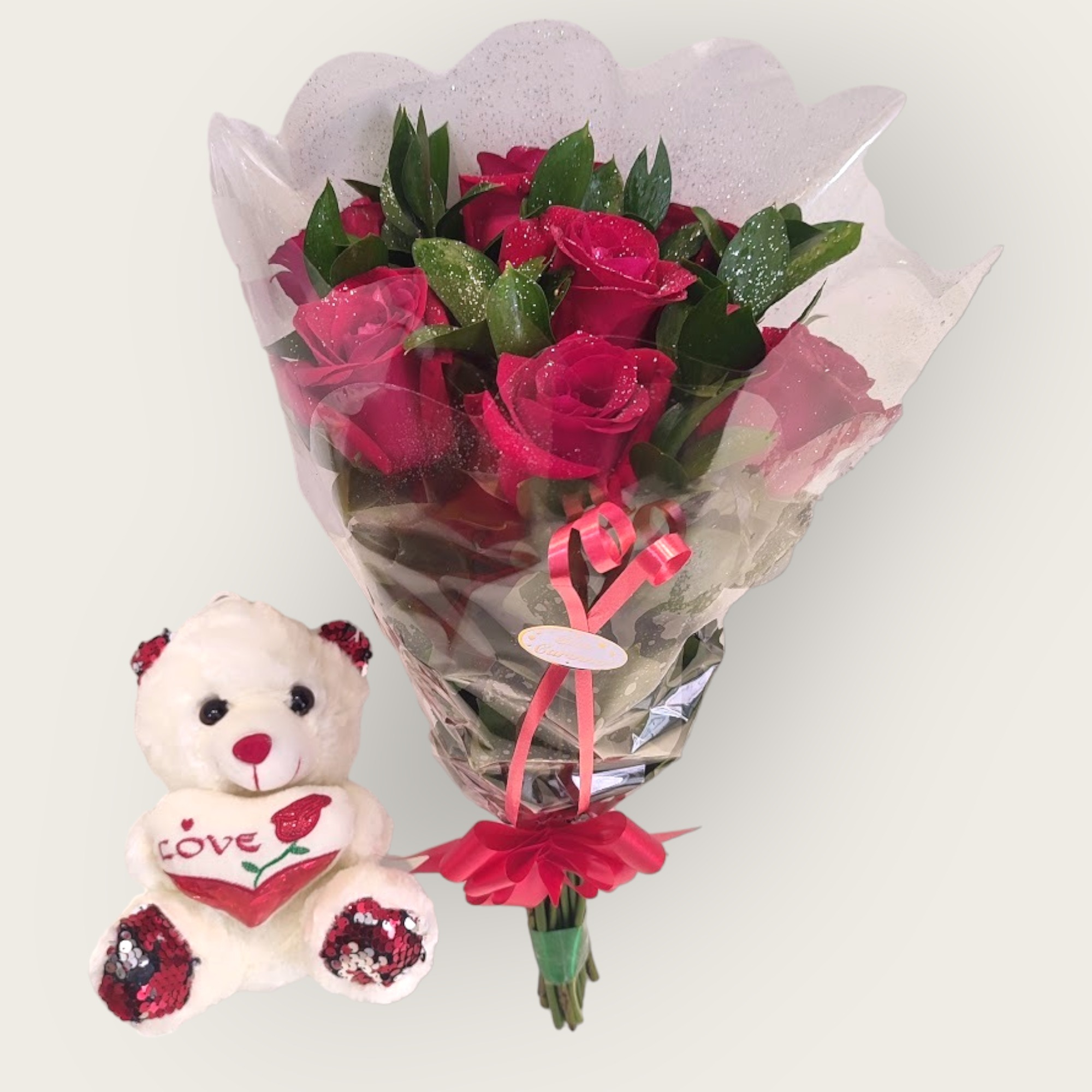 Mini Buquê de Rosas e Ruscus Urso Alterosa Flores